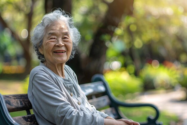 Счастливая азиатская старшая женщина сидит на скамейке в парке