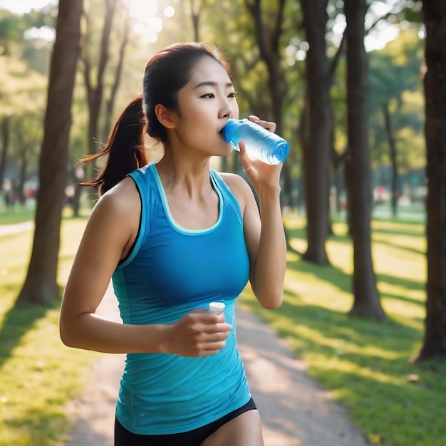 Happy asian sportswoman runner drinks water from bottle while running workout on fresh air in park