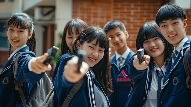 Photo happy asian students in uniform pointing finger