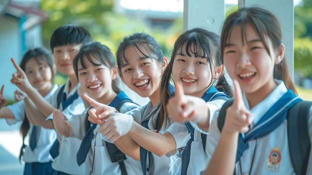 Photo happy asian students in uniform pointing finger