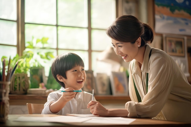 Happy asian teacher drawing together at school