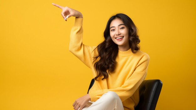 Happy asian teenage woman smiling and sitting on a chair on a bright yellow background