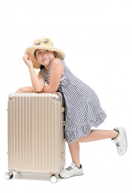 Happy asian traveler with baggage isolated 