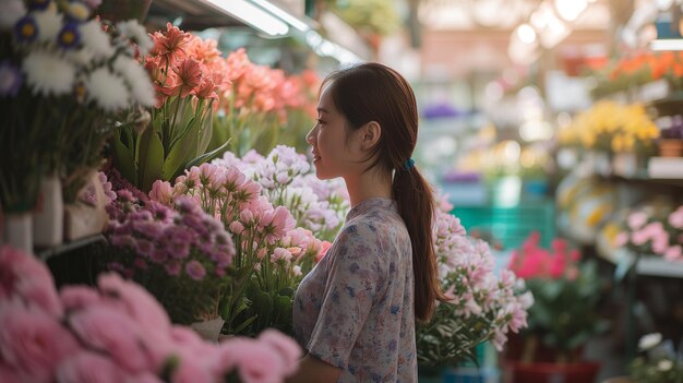 Happy Asian woman on blurred background of flower shop Selective focus