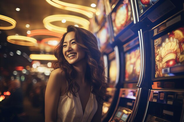 Happy asian woman at casino slot machines enjoying nightlife lifestyle