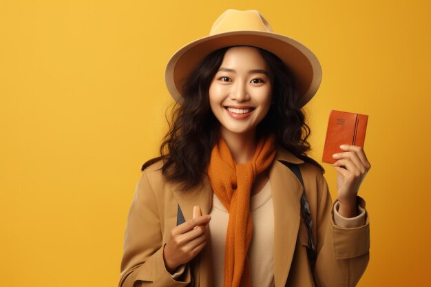 Happy asian woman in hat with backpack and passport isolated on yellow