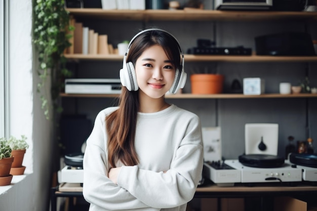 счастливая азиатская женщина в наушниках на фоне полок с музыкальным оборудованием в комнате