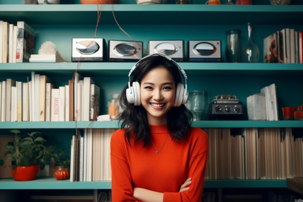 a happy asian woman in headphones on the background of shelves with music equipment in the room