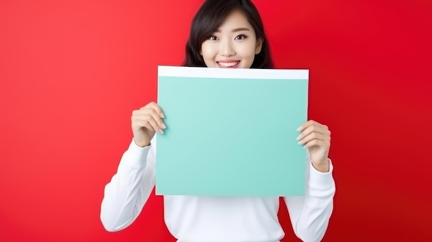 Happy Asian woman holding a white poster in her hands Generative AI