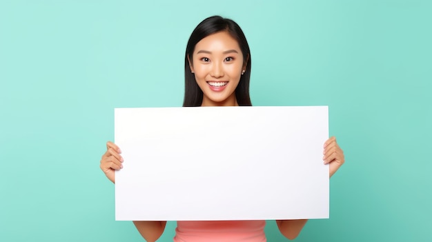 Happy Asian woman holding a white poster in her hands Generative AI