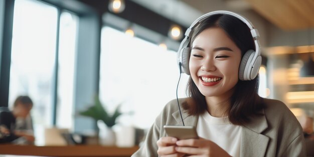 happy asian woman Listening to music through wireless headphones in a coffee shop