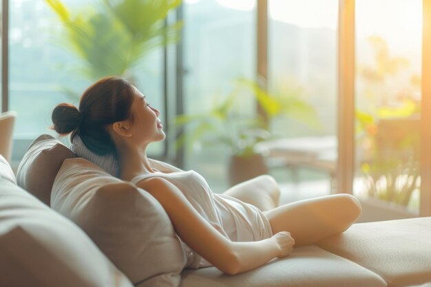 Photo happy asian woman relaxing on luxury hotel sofa enjoying clean air and summer vacation
