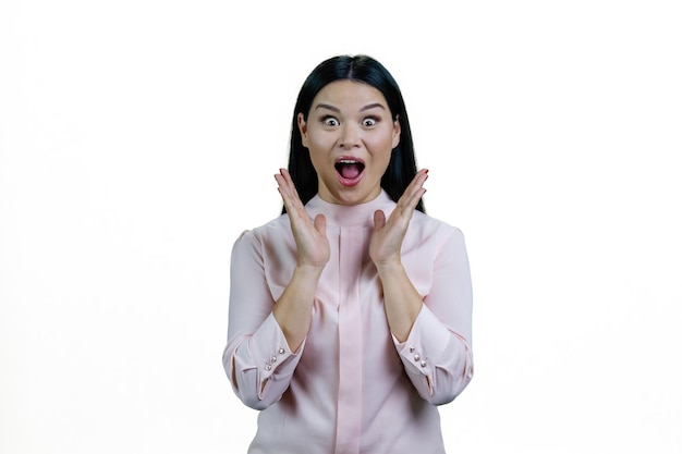 Happy asian woman screaming with her mouth open Isolated on white background