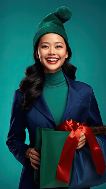 Happy asian woman shopping in christmas