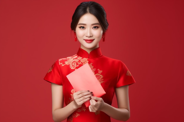 Happy Asian woman in traditional cheongsam dress on red background