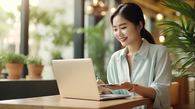 happy asian woman use smart watch in office