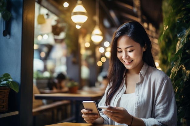 Happy asian woman using smartphone in coffee shop