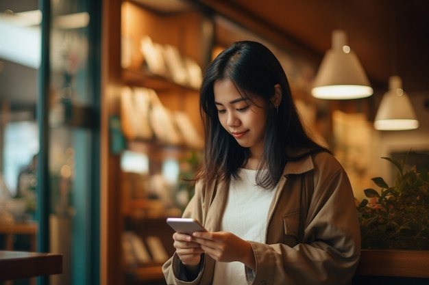 Happy asian woman using smartphone in coffee shop