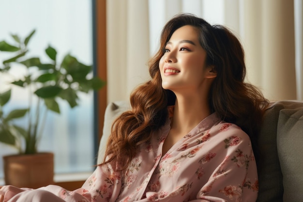 Happy Asian woman watching TV on sofa promoting wellness at home