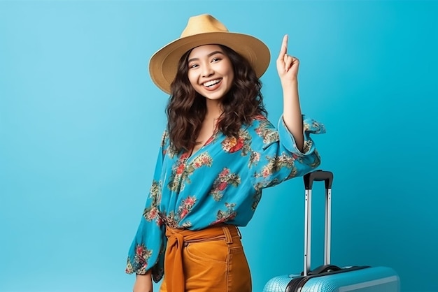 Happy Asian woman wearing summer clothes and hat with suitcase enjoying summer vacation