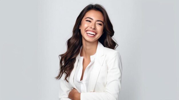 Happy asian woman wearing white blazer