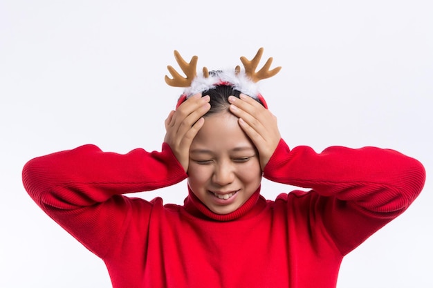 Photo happy asian woman with smile holding gift box of xmas present girl with celebration christmas a holiday girl with buyer isolated on white background shopping with season concept