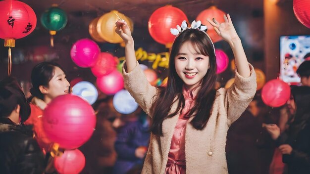 Photo happy asian women in new year's day background very cool