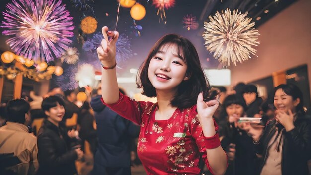 Photo happy asian women in new year's day background very cool