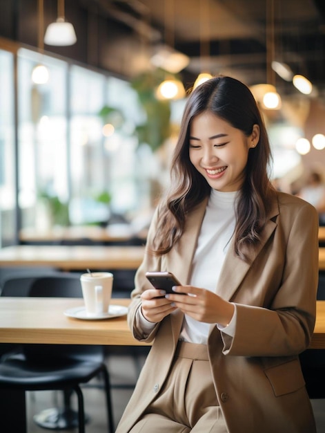 Photo happy asian young business woman is holding and typing with smartphone besides notebook and coffee