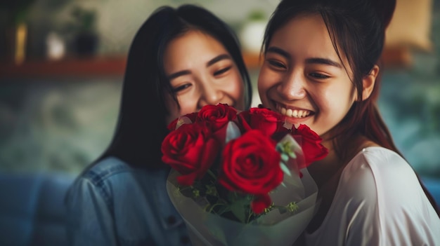 Foto una giovane coppia lesbica asiatica felice con dei fiori in mano, una celebrazione di fidanzamento, un concetto di orgoglio, un'ia generativa.