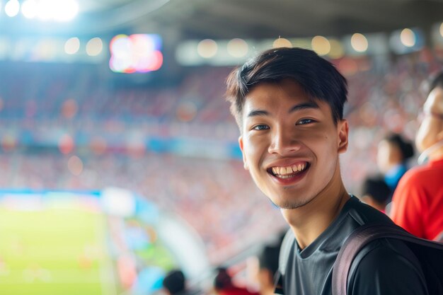 写真 幸せなアジアの若い男 サポーター サッカーなどのスポーツイベントで男性ファン