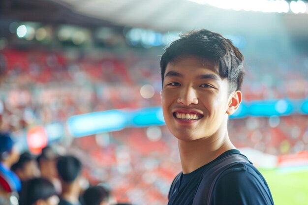 写真 幸せなアジアの若い男 サポーター サッカーなどのスポーツイベントで男性ファン