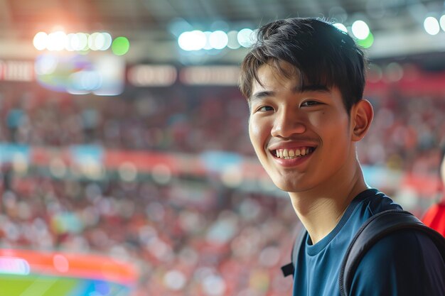 写真 幸せなアジアの若い男 サポーター サッカーなどのスポーツイベントで男性ファン