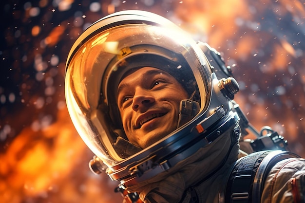 Счастливый астронавт в космическом шлеме и космической теме с генеративным ИИ