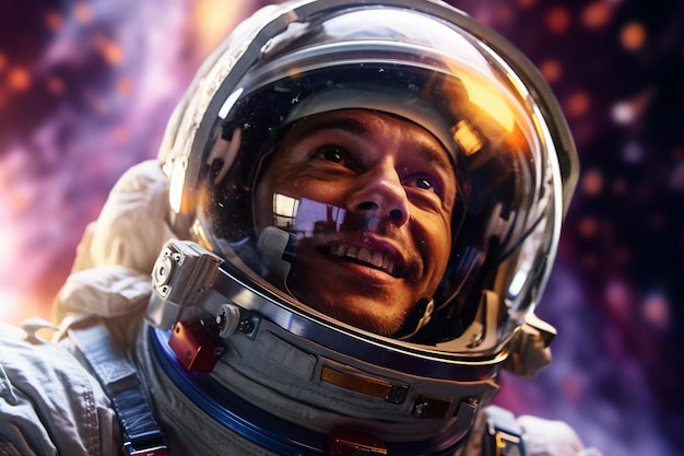 Foto un uomo astronauta felice con casco spaziale e tema spaziale con ia generativa