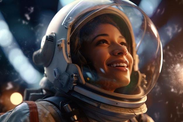 A happy astronaut woman in space helmet and space theme with Generative AI