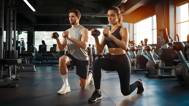 happy athletic couple exercising with hand weights in lunge position in gym