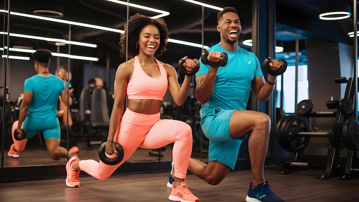 Photo happy athletic couple exercising with hand weights in lunge position in gym