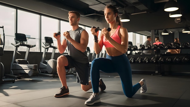 happy athletic couple exercising with hand weights in lunge position in gym