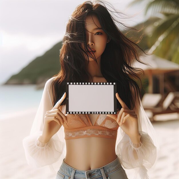 Happy attractive asian woman holding blank sign in summer beach background with Generative AI