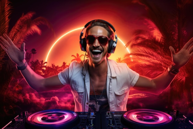 Foto felice attraente dj sorridente che usa il giradischi per dj, ballando, cuffie, occhiali da sole, enormi neon