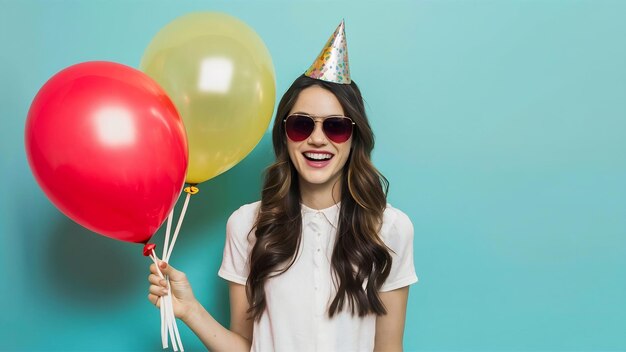 Happy attractive woman in sunglasses and party hat holds air balloons