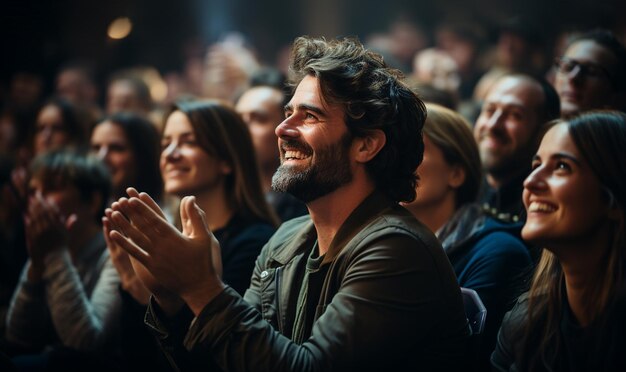 Happy audience applauding at a show or business seminartheater performance listening and clapping