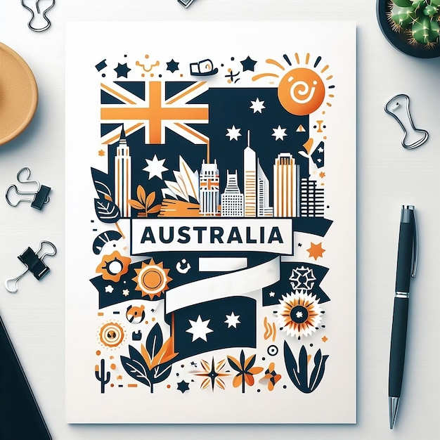 Photo happy australia day lettering map of australia with flag on a blue background design for prints