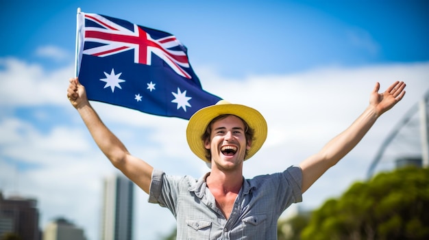 Photo happy australian girl carries fluttering blue white red australian flag against blue sky and ocean background