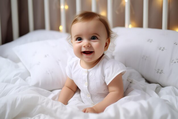 Happy baby in bed