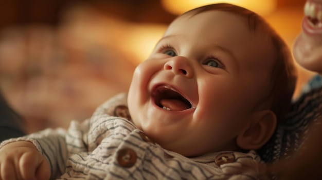 행복한 아기가 사랑스러운 양육자에 의해 걱거리고 안히고 그들의 전염성 웃음이 공기를 가득 채우고 있습니다.