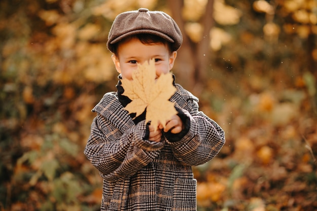 A happy baby boy is playing with a yellow maple leaf in the autumn season in the park.