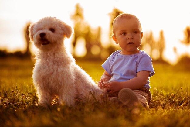 Happy baby boy playing with his dog