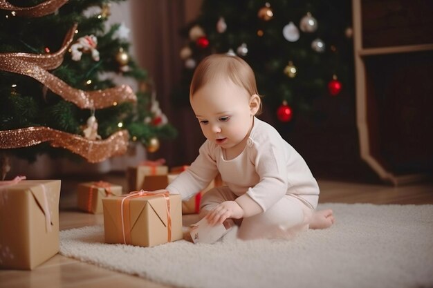 Happy baby child near Christmas tree decorated with toys with New Years gifts AI generated Family